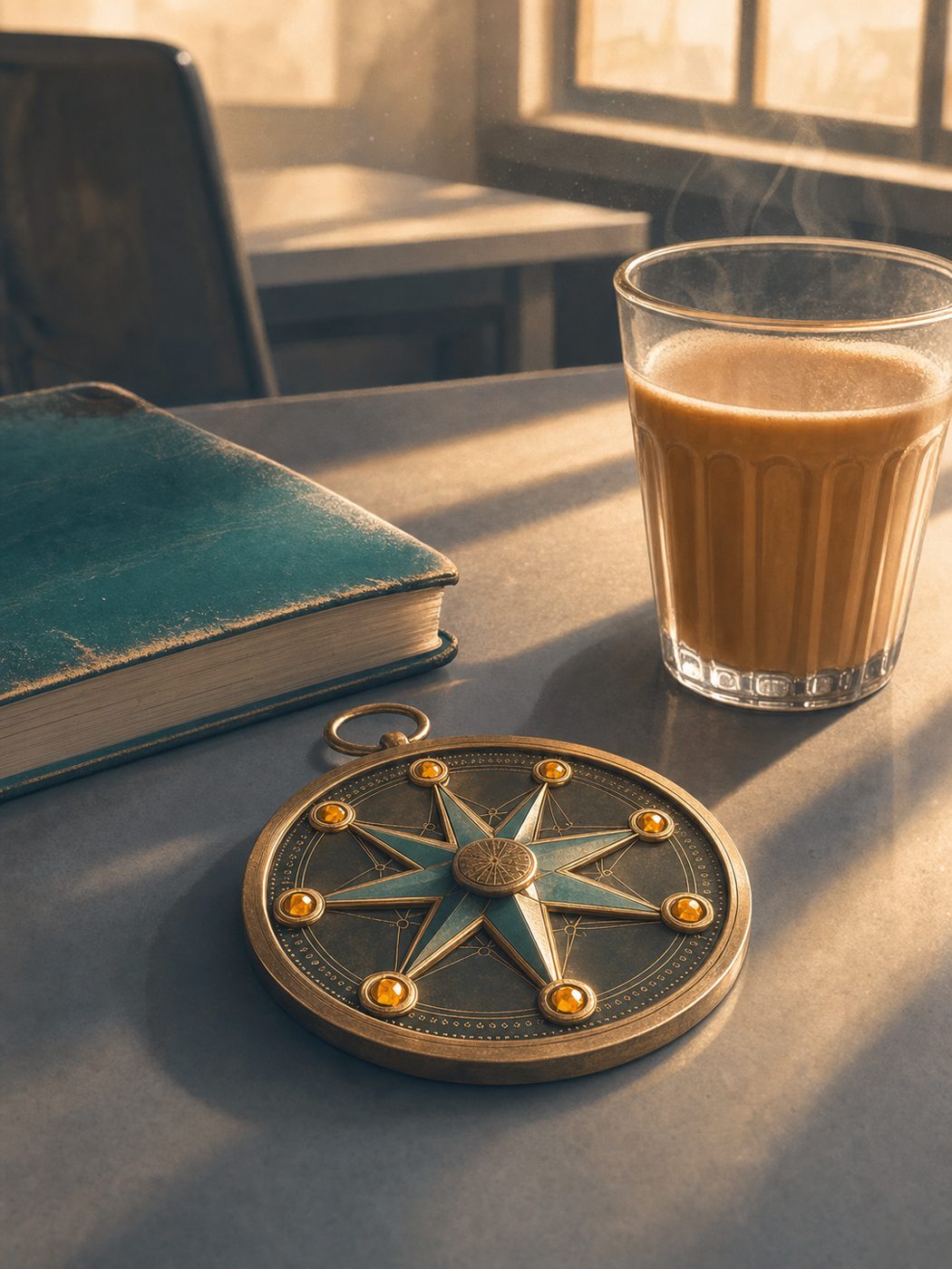 Illustration: the Real HR Compass beside a glass of tea and a notebook