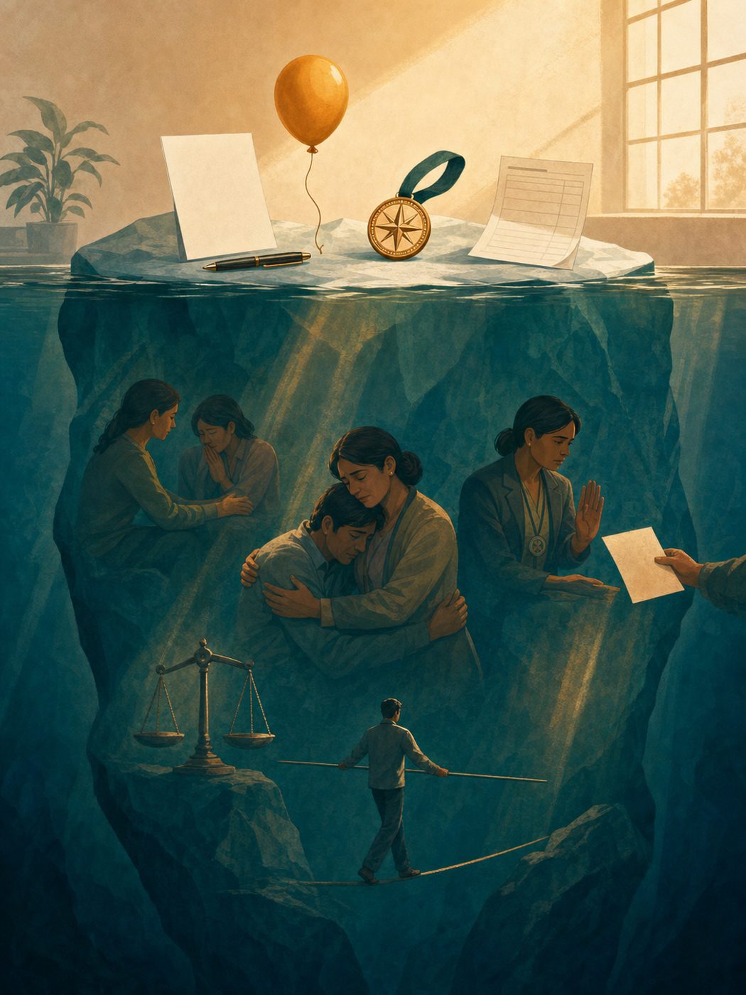 Illustration: the iceberg of HR, with paperwork above the water and people below