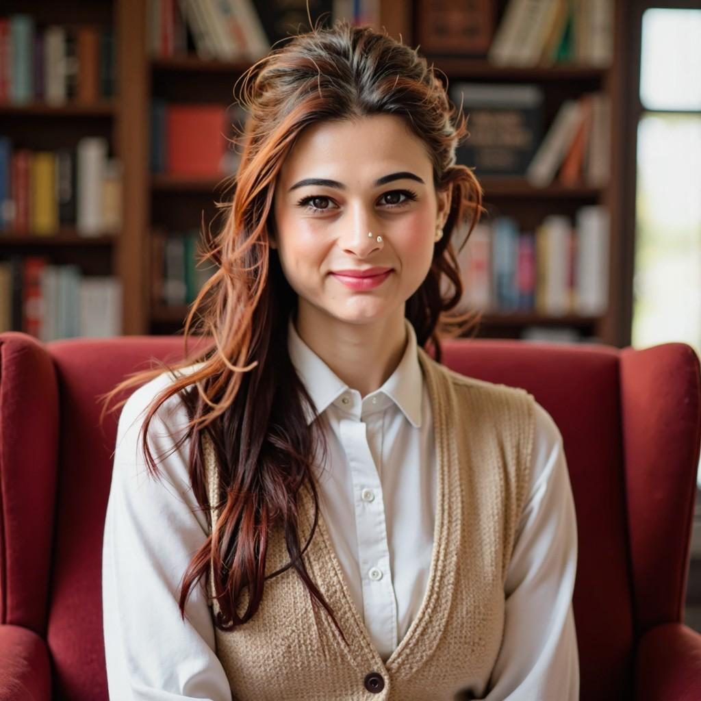 Anupama Bhat seated in a red armchair in front of bookshelves