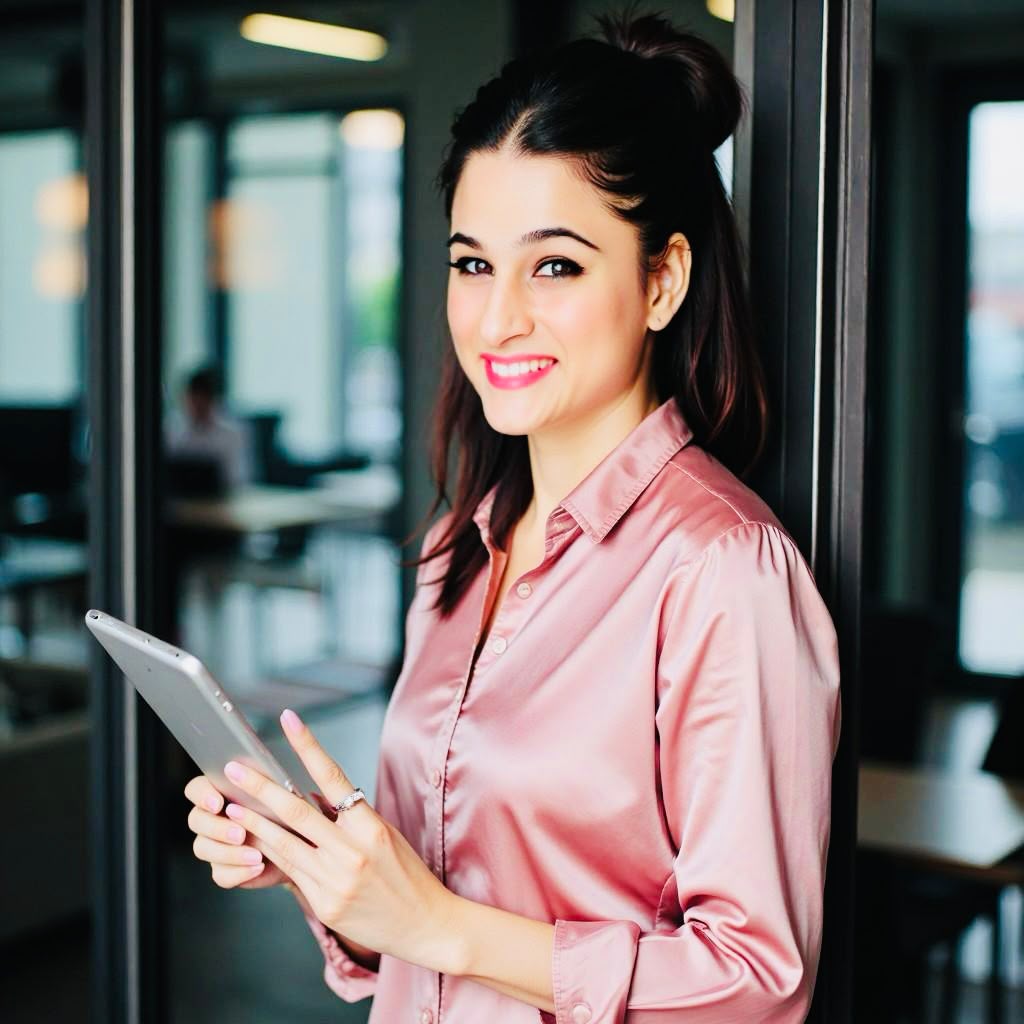 Anupama Bhat in a pink satin shirt, smiling and holding a tablet in an office